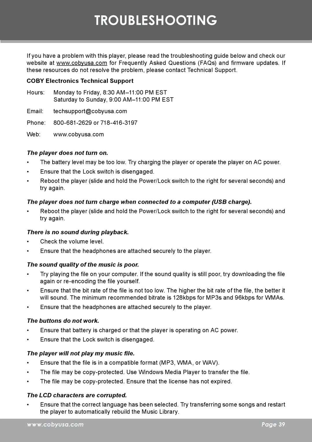 COBY electronic MP-C983 instruction manual Troubleshooting 