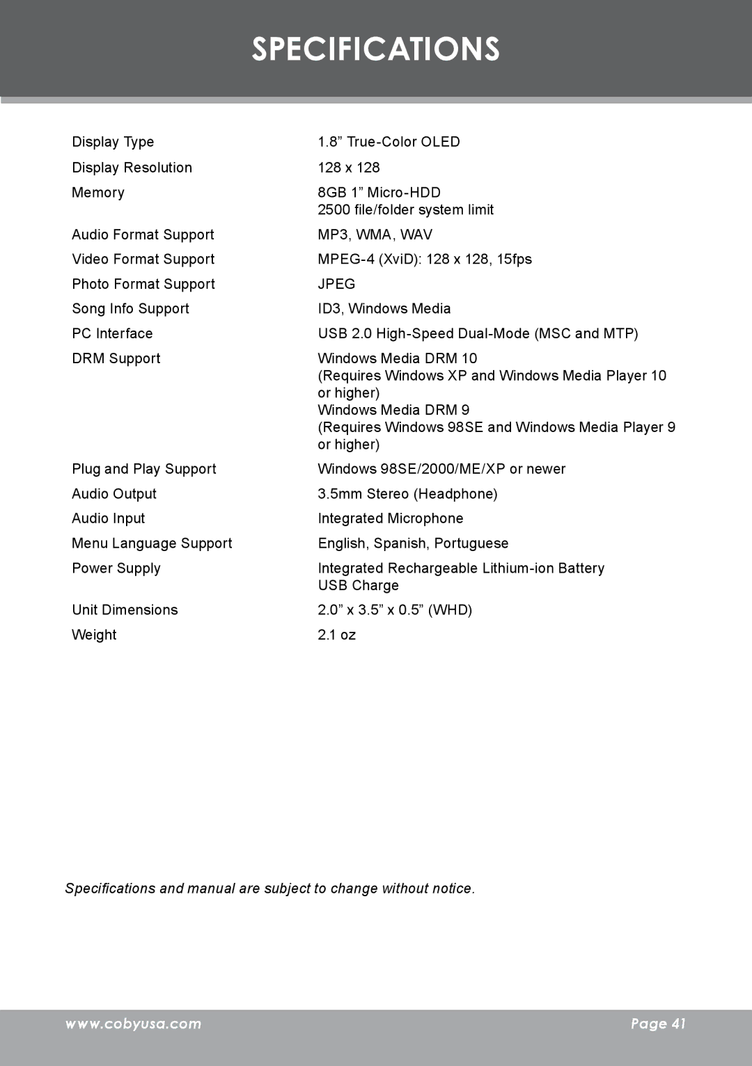 COBY electronic MP-C983 instruction manual Specifications, Jpeg 