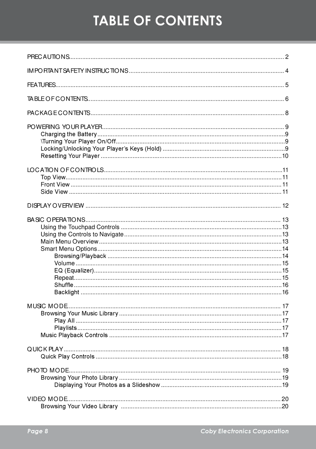 COBY electronic MP-C983 instruction manual Table of Contents 