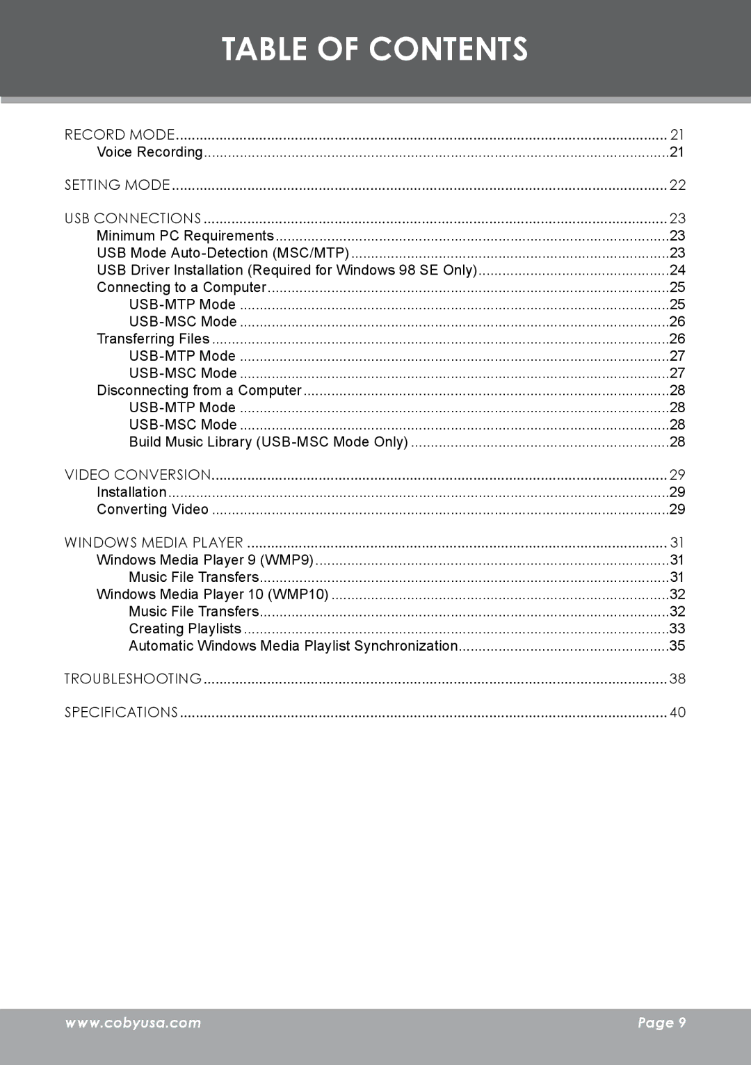 COBY electronic MP-C983 instruction manual Voice Recording 