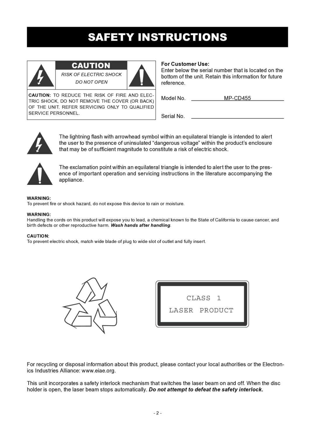 COBY electronic MP-CD455 instruction manual Safety Instructions, For Customer Use 