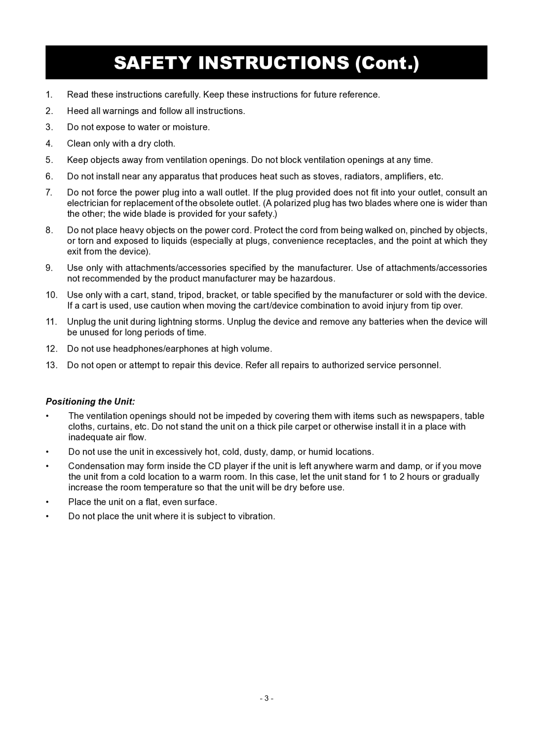 COBY electronic MP-CD455 instruction manual Safety Instructions, Positioning the Unit 