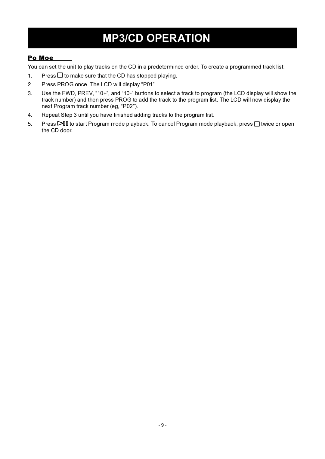 COBY electronic MP-CD455 instruction manual Program Mode 