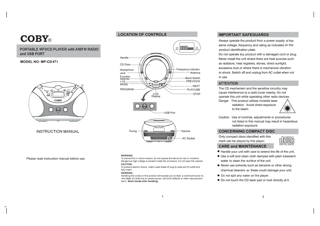 COBY electronic MP-CD471 instruction manual Portable MP3/CD Player with AM/FM Radio and USB Port, +10 