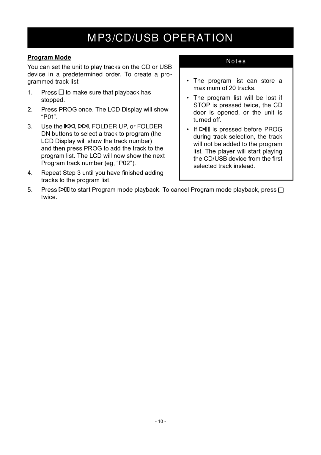 COBY electronic MP-CD475 instruction manual Program Mode 