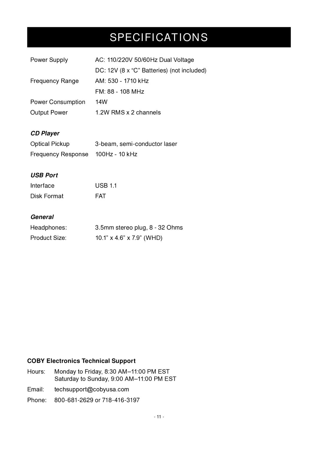 COBY electronic MP-CD475 Specifications, CD Player, USB Port, General, Coby Electronics Technical Support 