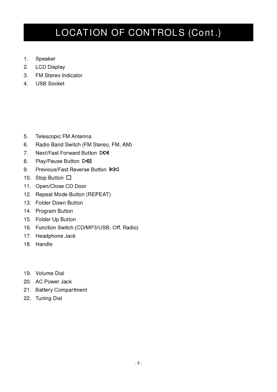 COBY electronic MP-CD475 instruction manual Location of Controls 