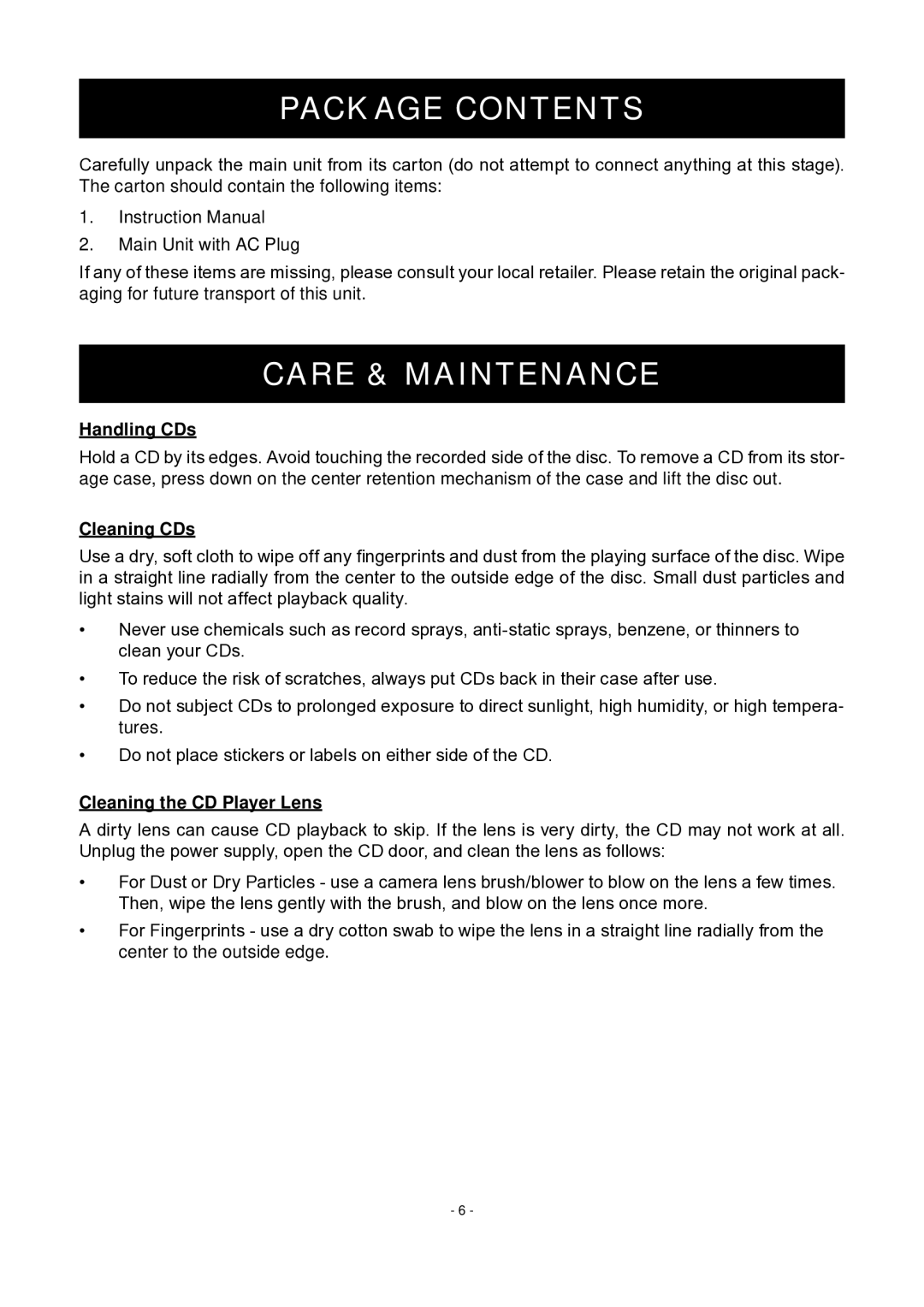 COBY electronic MP-CD475 instruction manual Package Contents, Care & Maintenance 