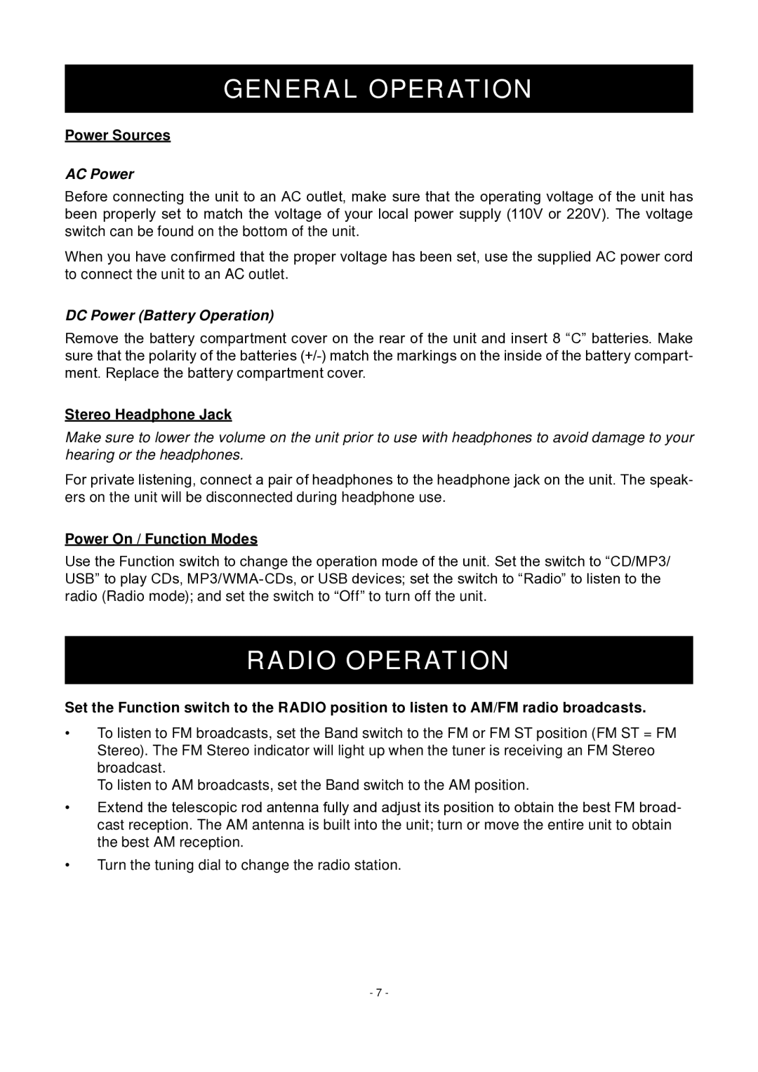 COBY electronic MP-CD475 instruction manual General Operation, Radio Operation, AC Power, DC Power Battery Operation 