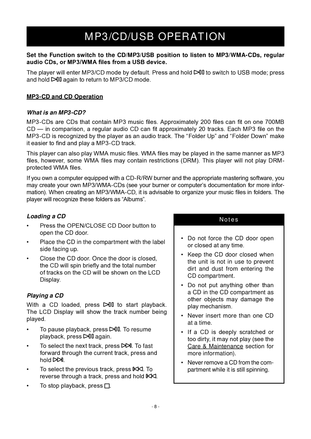 COBY electronic MP-CD475 MP3/CD/USB Operation, MP3-CD and CD Operation, What is an MP3-CD?, Loading a CD, Playing a CD 