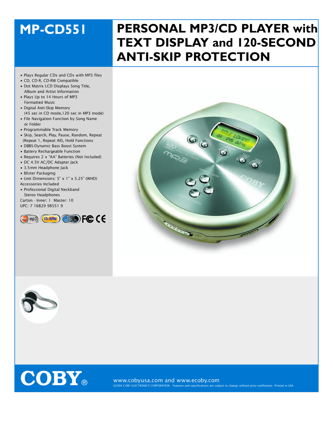 COBY electronic MP-CD551 specifications ANTI-SKIP Protection 