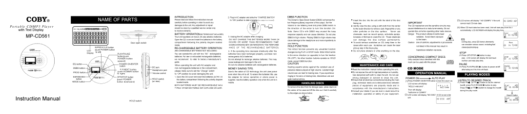 COBY electronic MP-CD561 instruction manual Introduction, Dbbs Function, Hold Function, RE-CHARGEABLE Battery Operation 