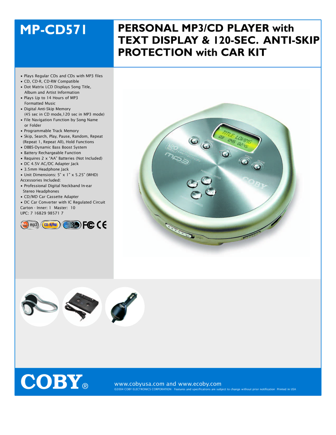 COBY electronic MP-CD571 specifications 