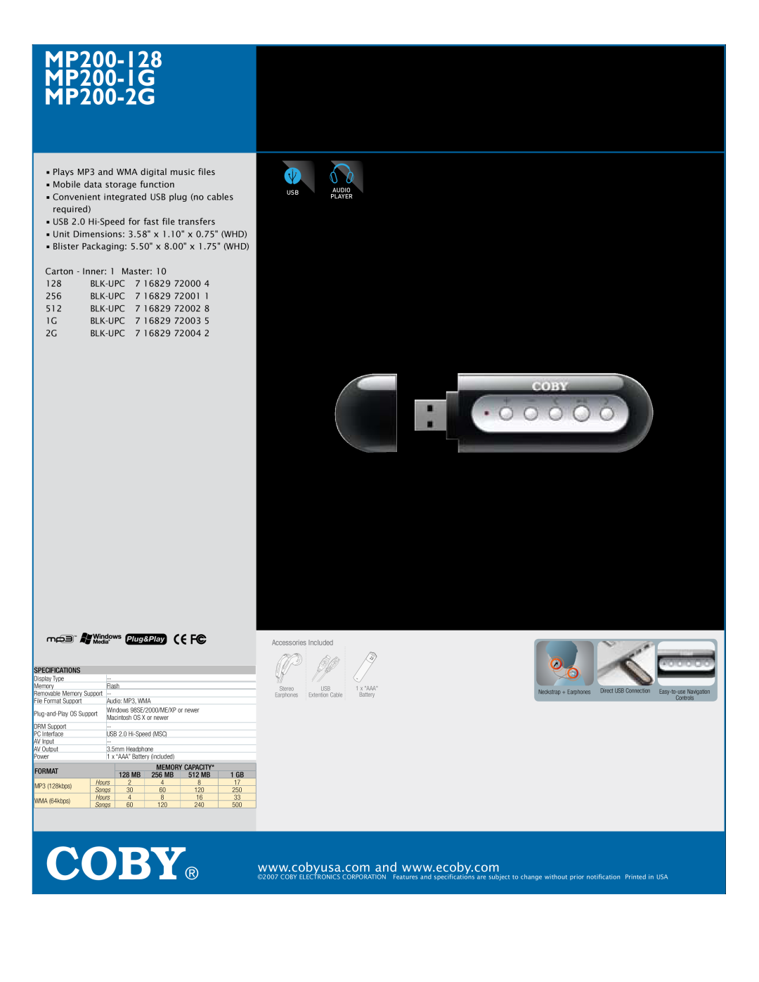 COBY electronic specifications Coby, USB-Stick MP3 Player, MP200-128 MP200-1G MP200-2G 