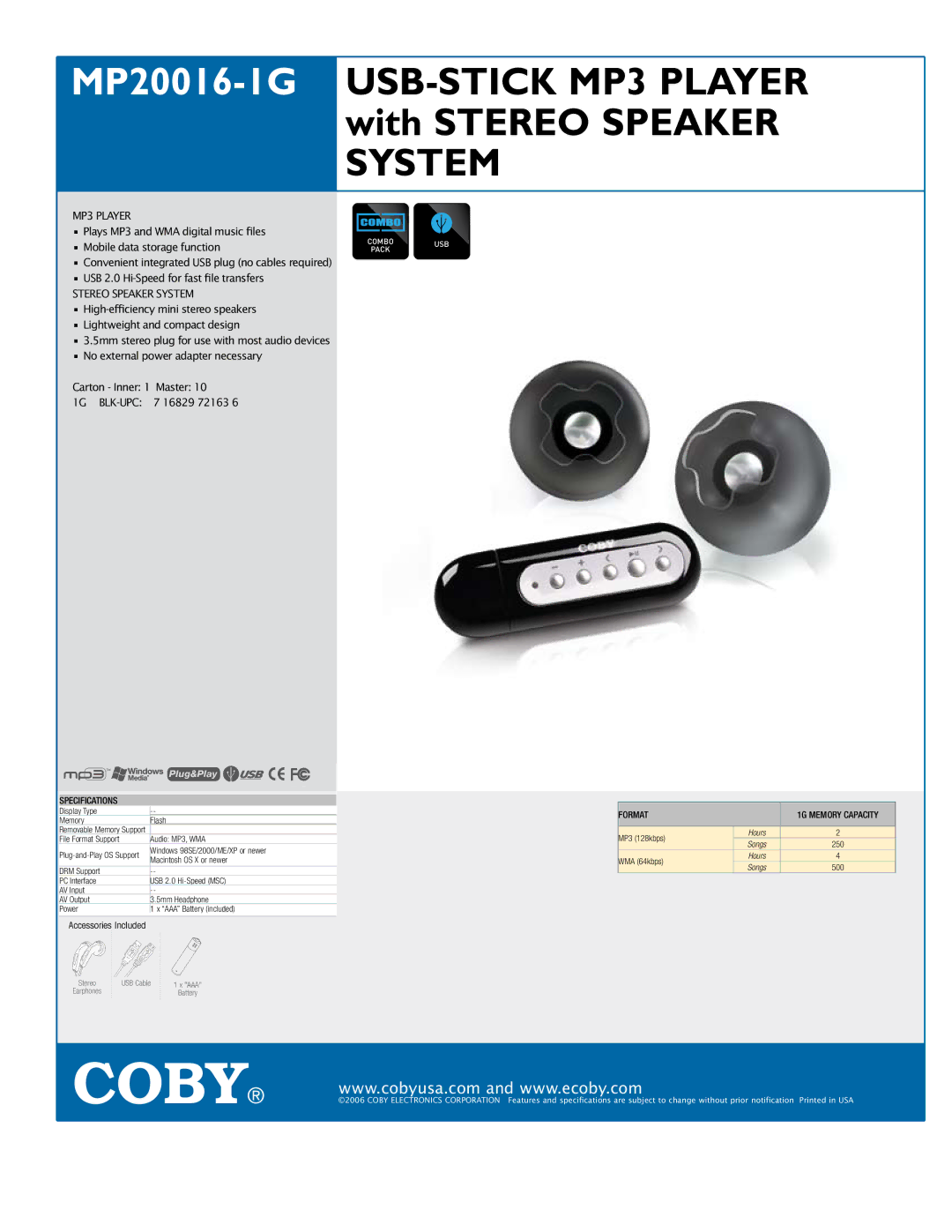 COBY electronic MP20016-IG specifications MP20016-1GUSB-Stick MP3 Player With Stereo Speaker System, Specifications 