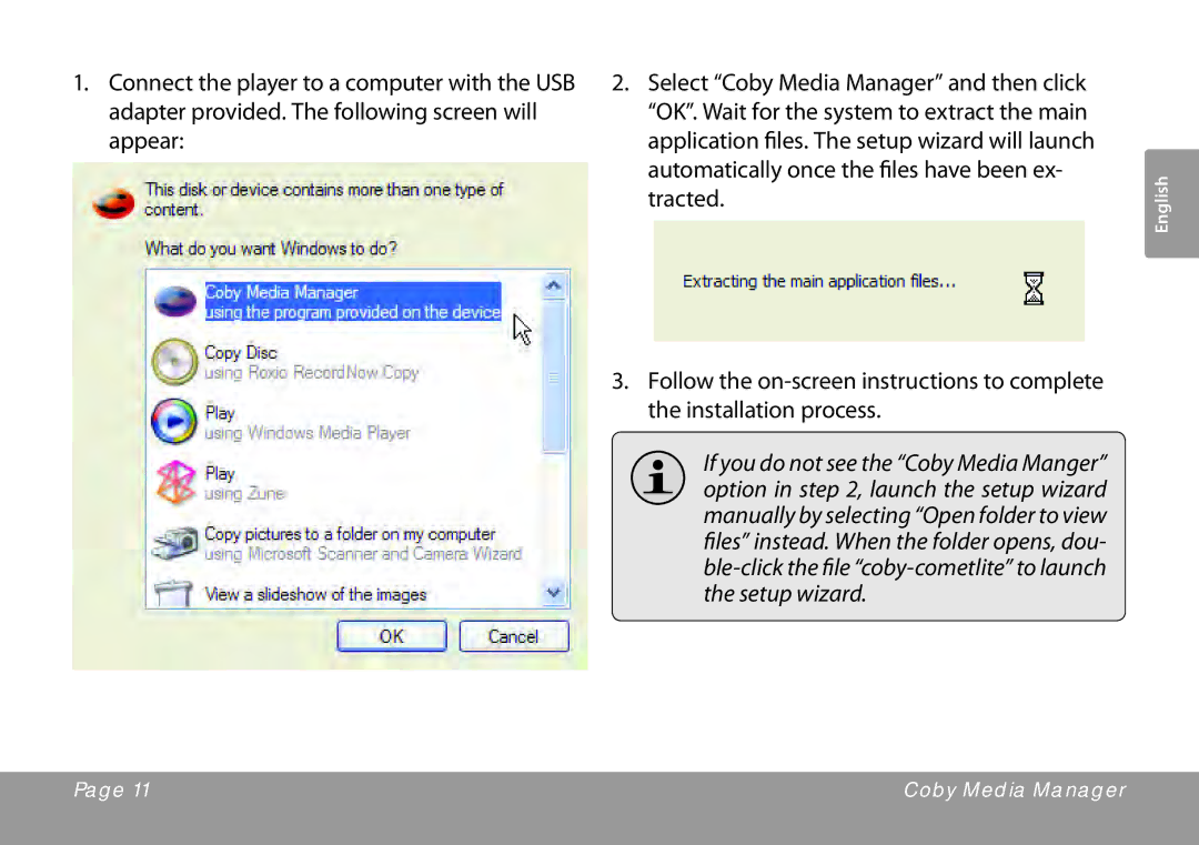 COBY electronic MP201 instruction manual Connect the player to a computer with the USB 