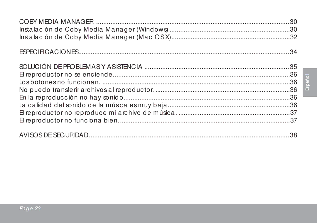 COBY electronic MP201 Coby Media Manager, Especificaciones Solución de Problemas y Asistencia, Avisos de Seguridad 