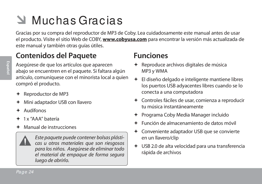 COBY electronic MP201 instruction manual ÂÂMuchas Gracias, Contenidos del Paquete, Funciones 