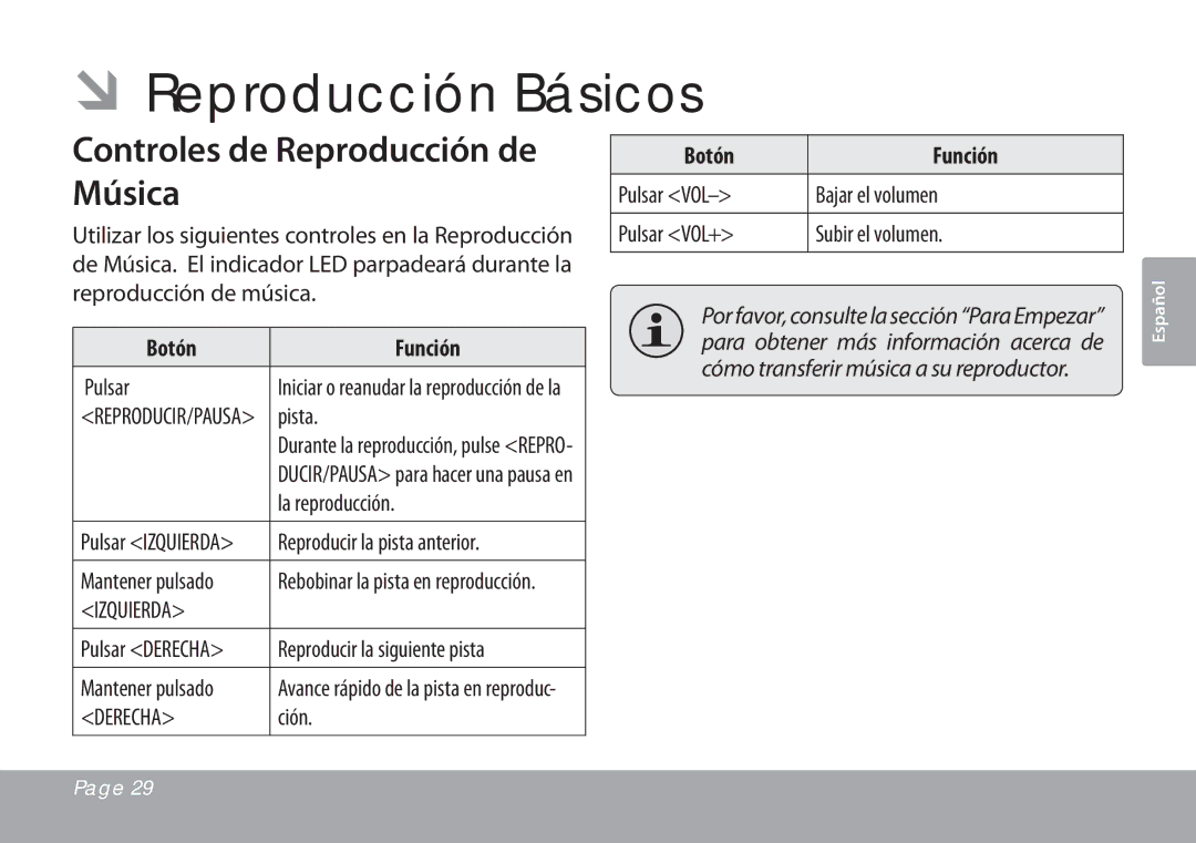 COBY electronic MP201 instruction manual ÂÂReproducción Básicos, Controles de Reproducción de Música 