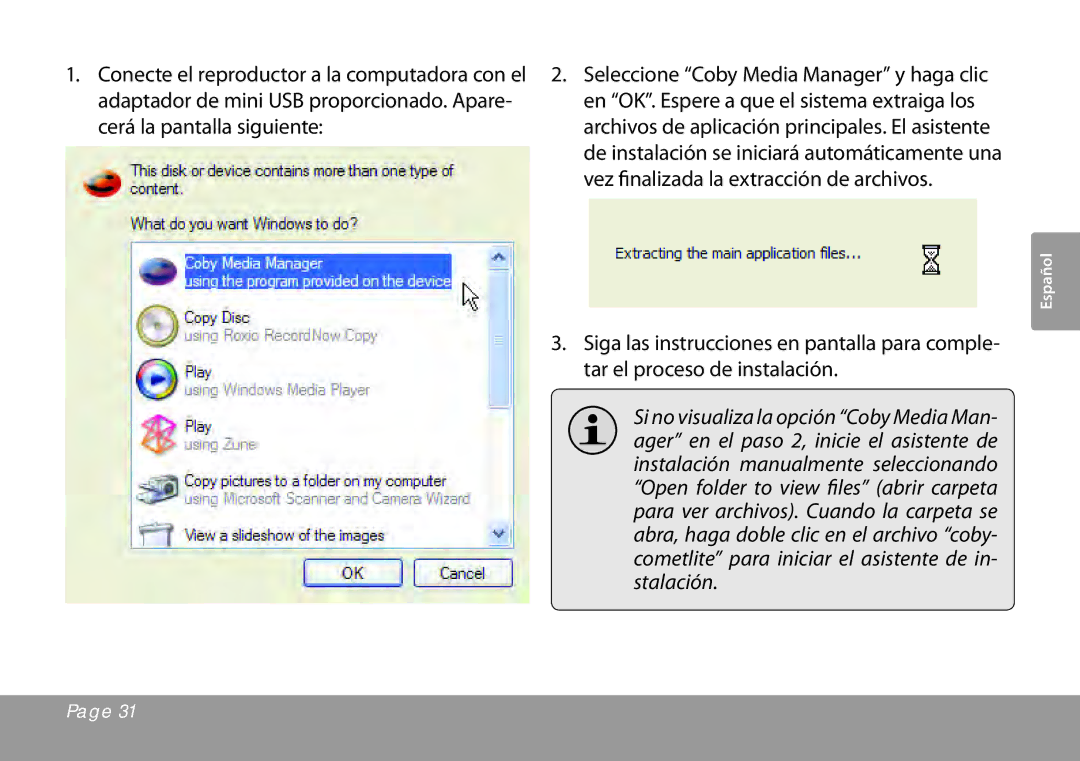 COBY electronic MP201 instruction manual Conecte el reproductor a la computadora con el 