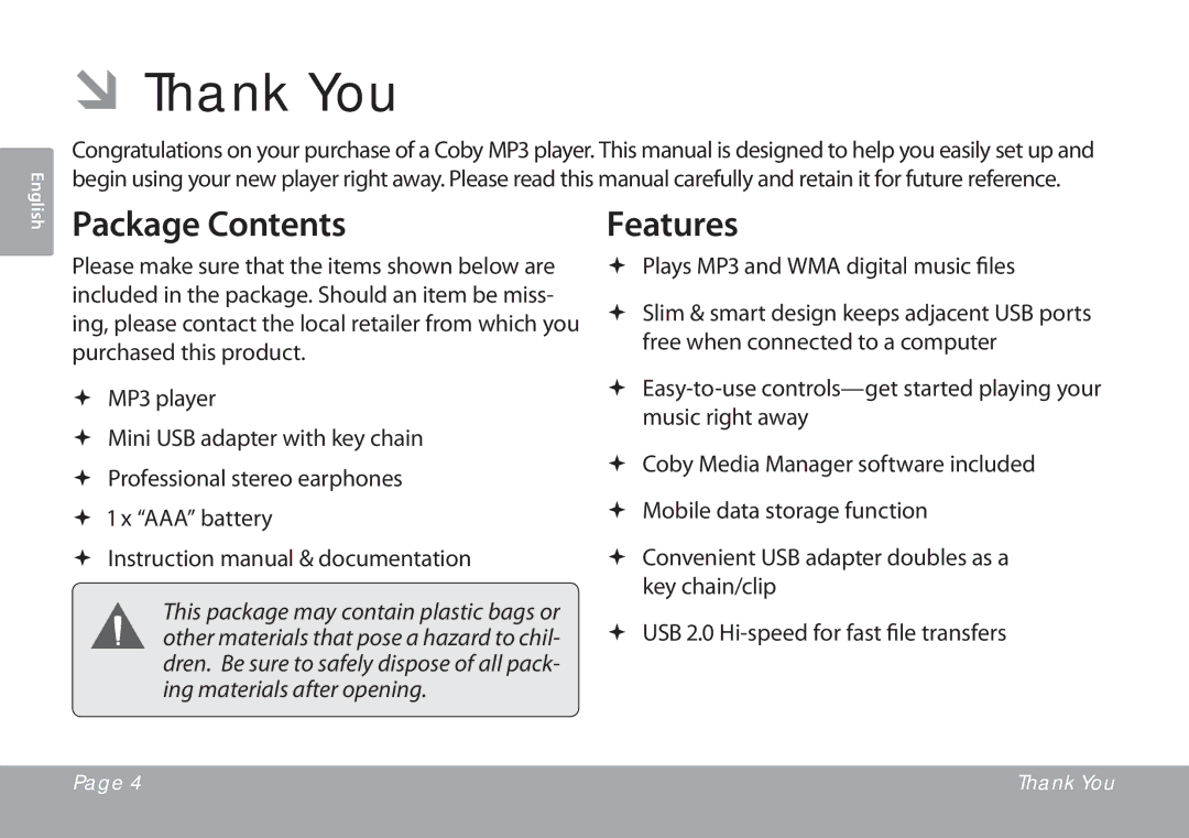 COBY electronic MP201 instruction manual Package Contents, Features 