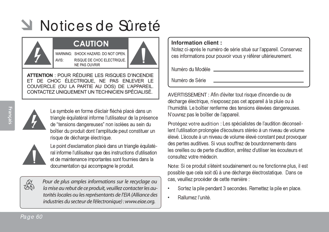 COBY electronic MP201 instruction manual ÂÂNotices de Sûreté, Information client 