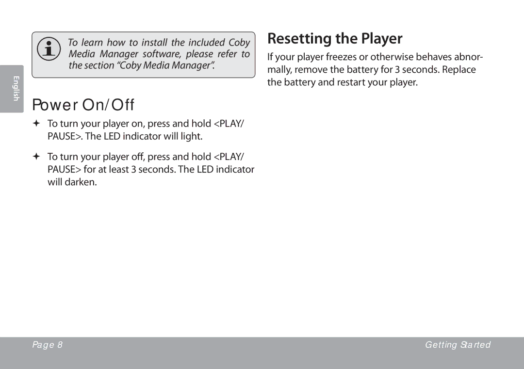 COBY electronic MP201 instruction manual Power On/Off, Resetting the Player 