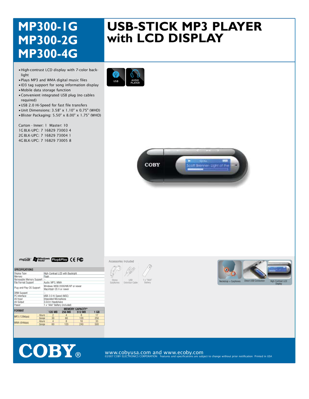 COBY electronic MP300-2G, MP300-4G, MP300-1G specifications Specifications, Format, 128 MB 256 MB 512 MB 