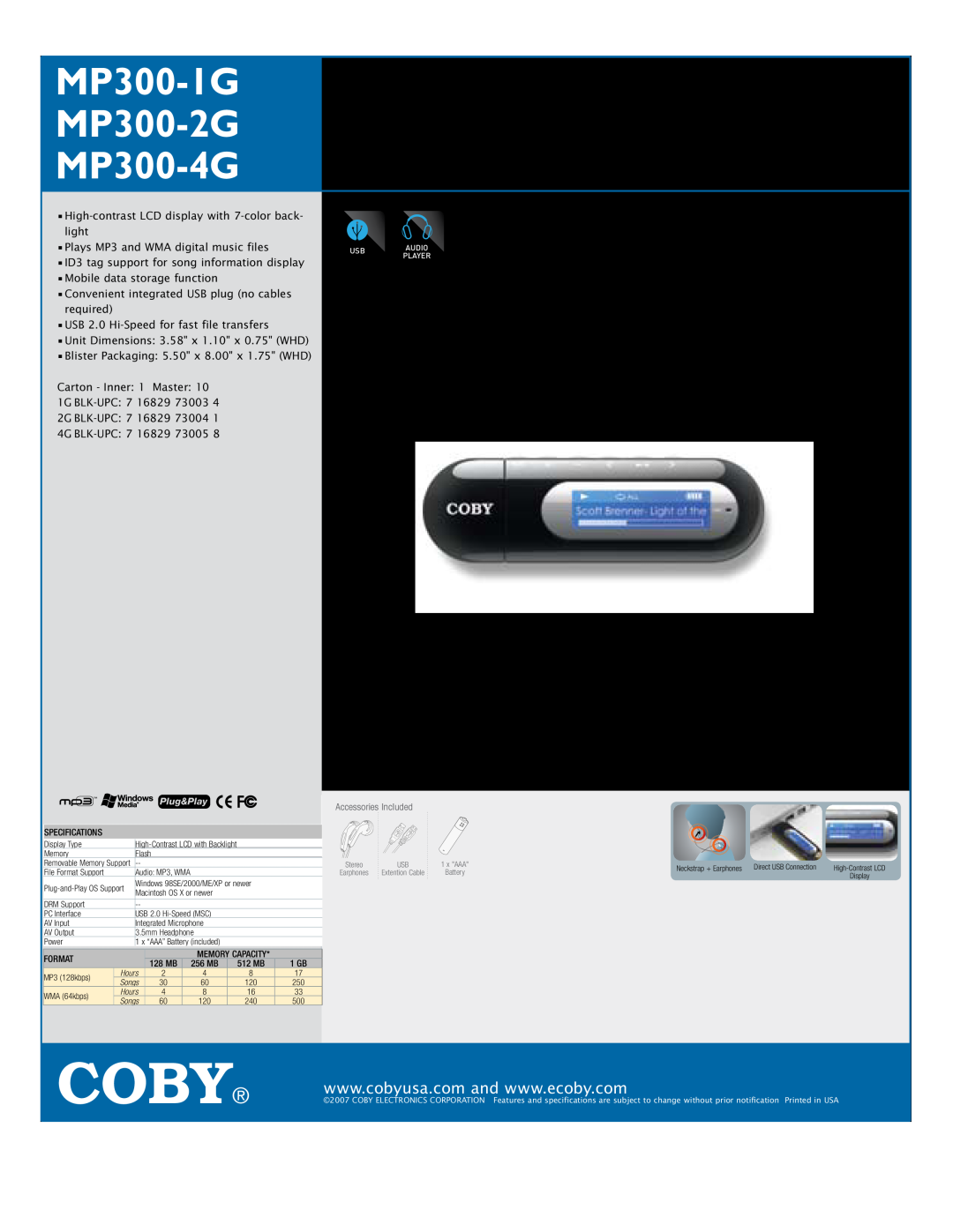 COBY electronic specifications Coby, MP300-1G USB-Stick MP3 Player MP300-2G with LCD DISPLAY MP300-4G 