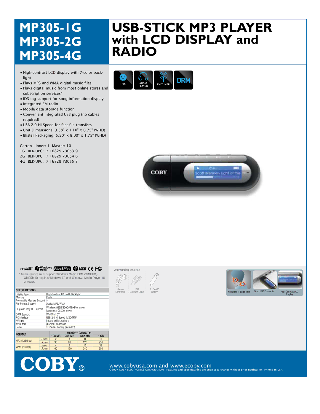 COBY electronic specifications MP305-1G MP305-2G MP305-4G, USB-Stick MP3 Player with LCD Display and radio, Drm, Format 