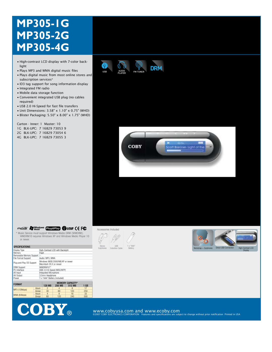 COBY electronic specifications Coby, MP305-1G MP305-2G MP305-4G, USB-Stick MP3 Player with LCD DISPLAY and radio 