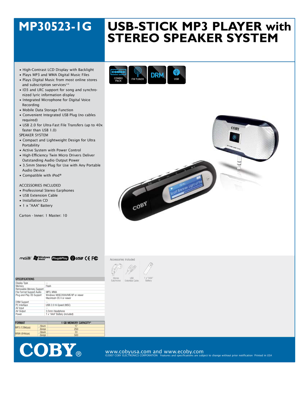 COBY electronic MP30523-IG specifications MP30523-1GUSB-Stick MP3 Player with Stereo Speaker System, Drm 