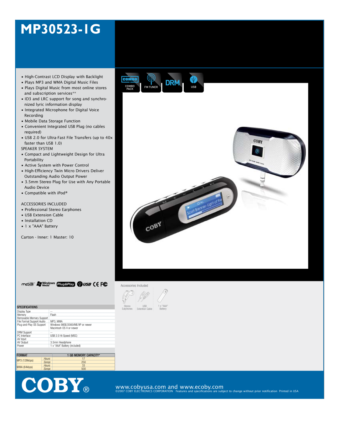 COBY electronic MP30523-IG specifications Coby, MP30523-1G USB-Stick MP3 Player with Stereo Speaker System 