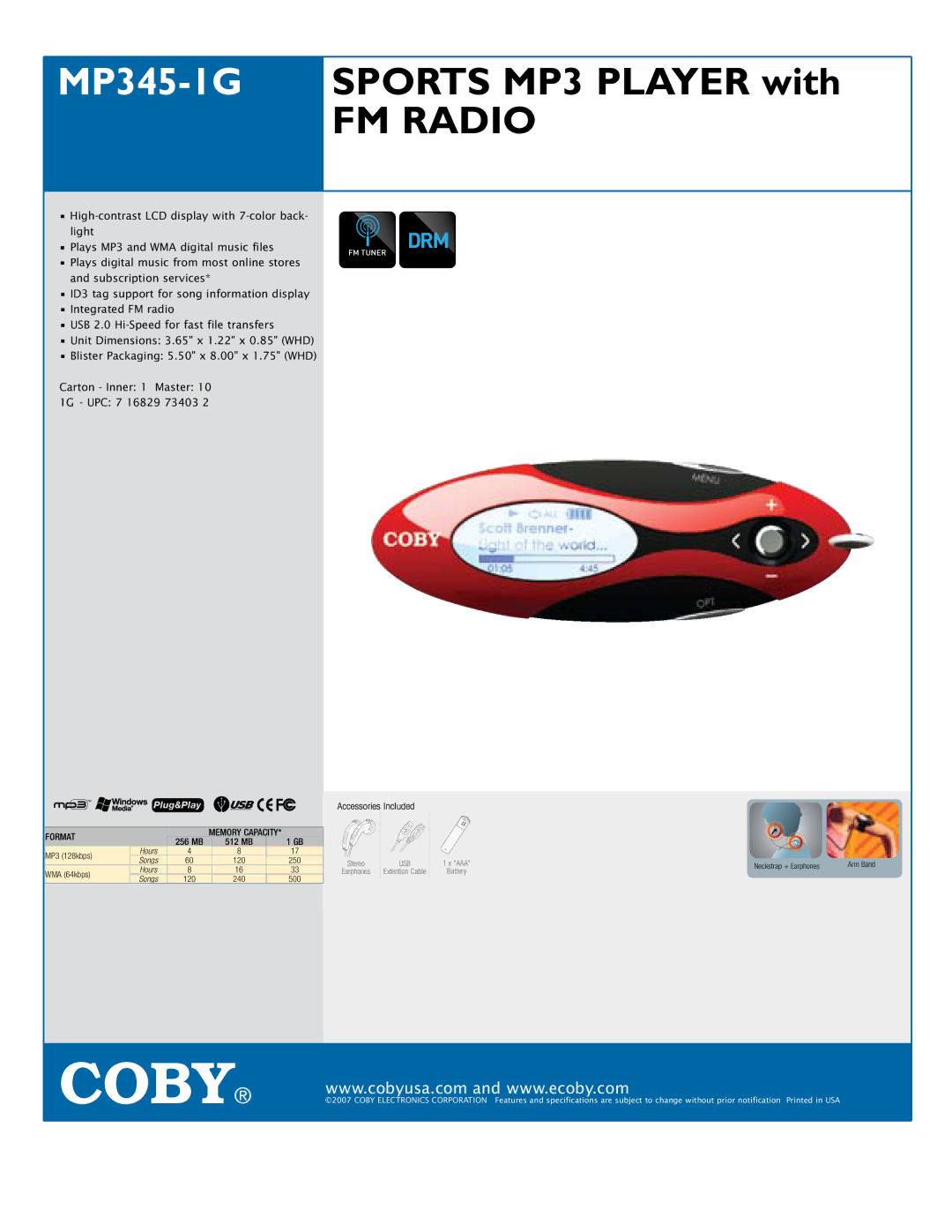 COBY electronic MP345-IG specifications FM Radio, Drm, Format 