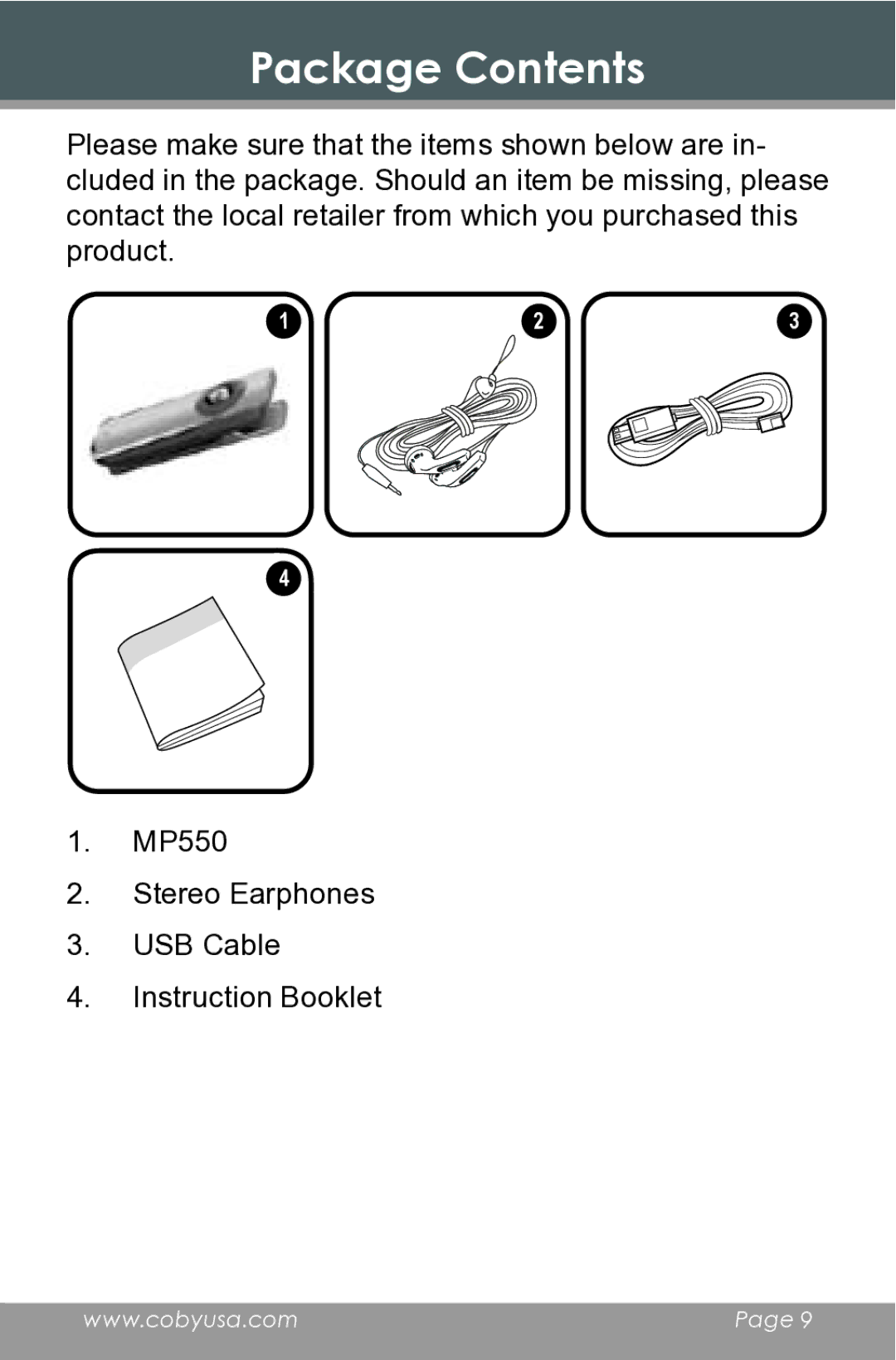 COBY electronic MP550-2G instruction manual Package Contents 