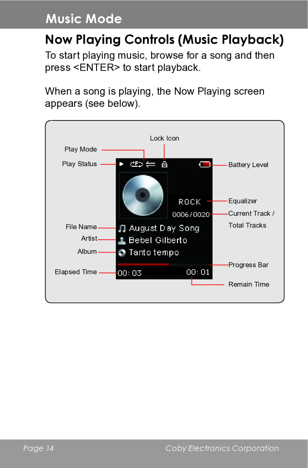 COBY electronic MP610-1G instruction manual Now Playing Controls Music Playback 