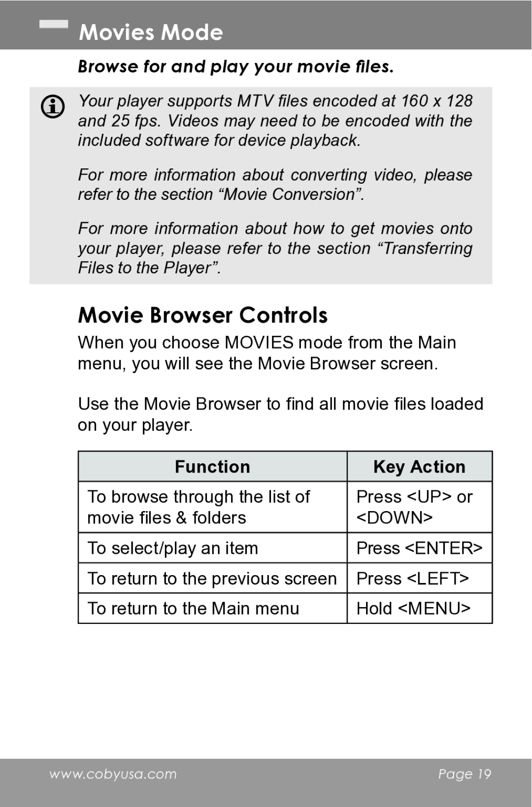 COBY electronic MP610-1G instruction manual Movies Mode, Movie Browser Controls, Browse for and play your movie files 