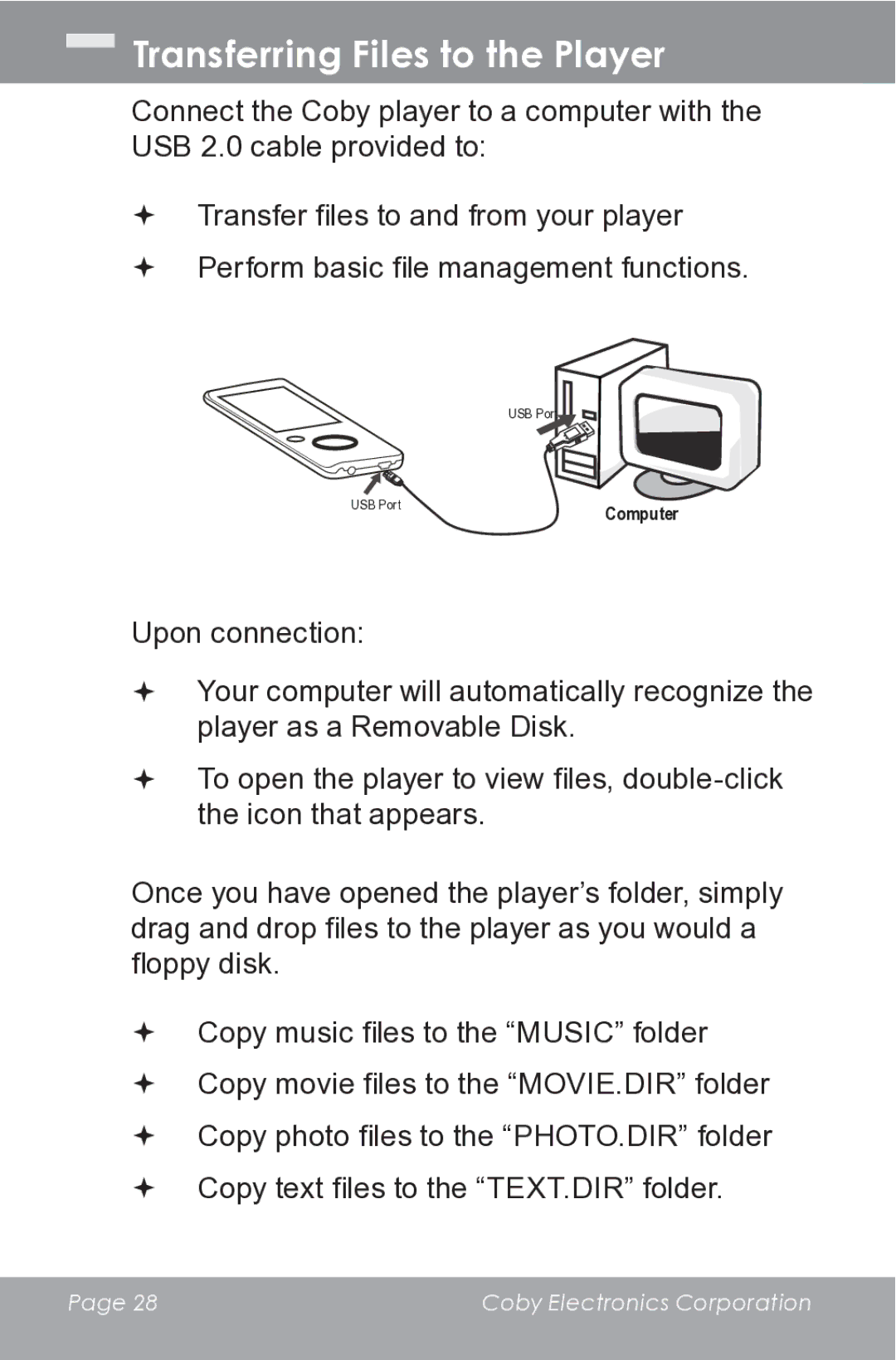 COBY electronic MP610-1G instruction manual Transferring Files to the Player 