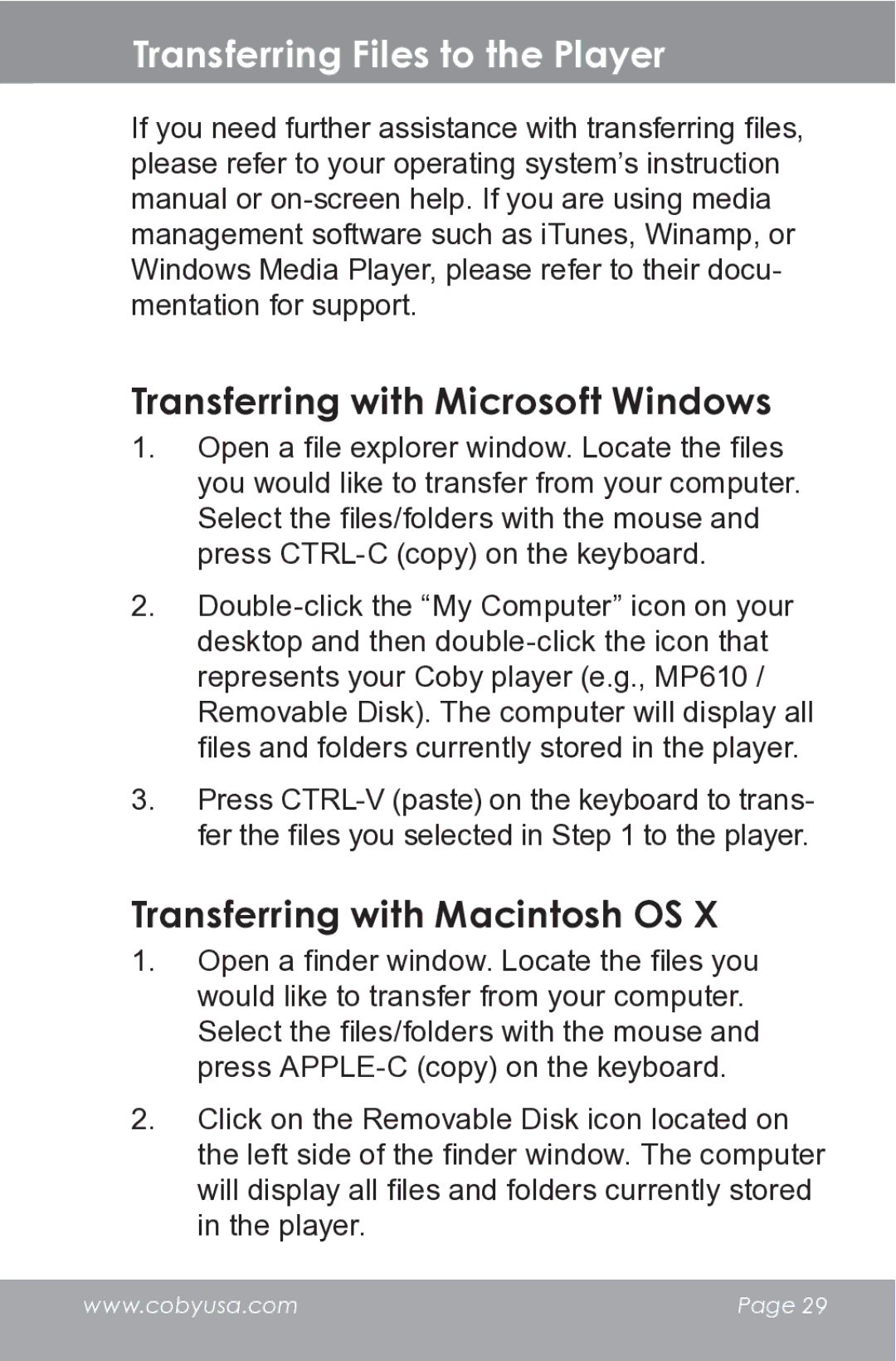 COBY electronic MP610-1G instruction manual Transferring with Microsoft Windows, Transferring with Macintosh OS 