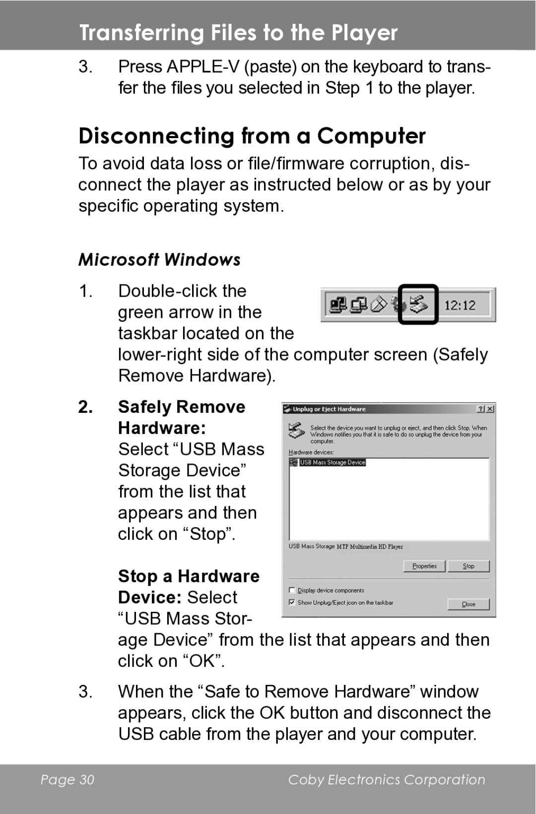 COBY electronic MP610-1G instruction manual Disconnecting from a Computer, Microsoft Windows 