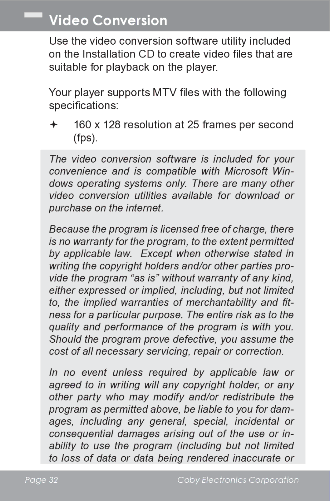 COBY electronic MP610-1G instruction manual Video Conversion 