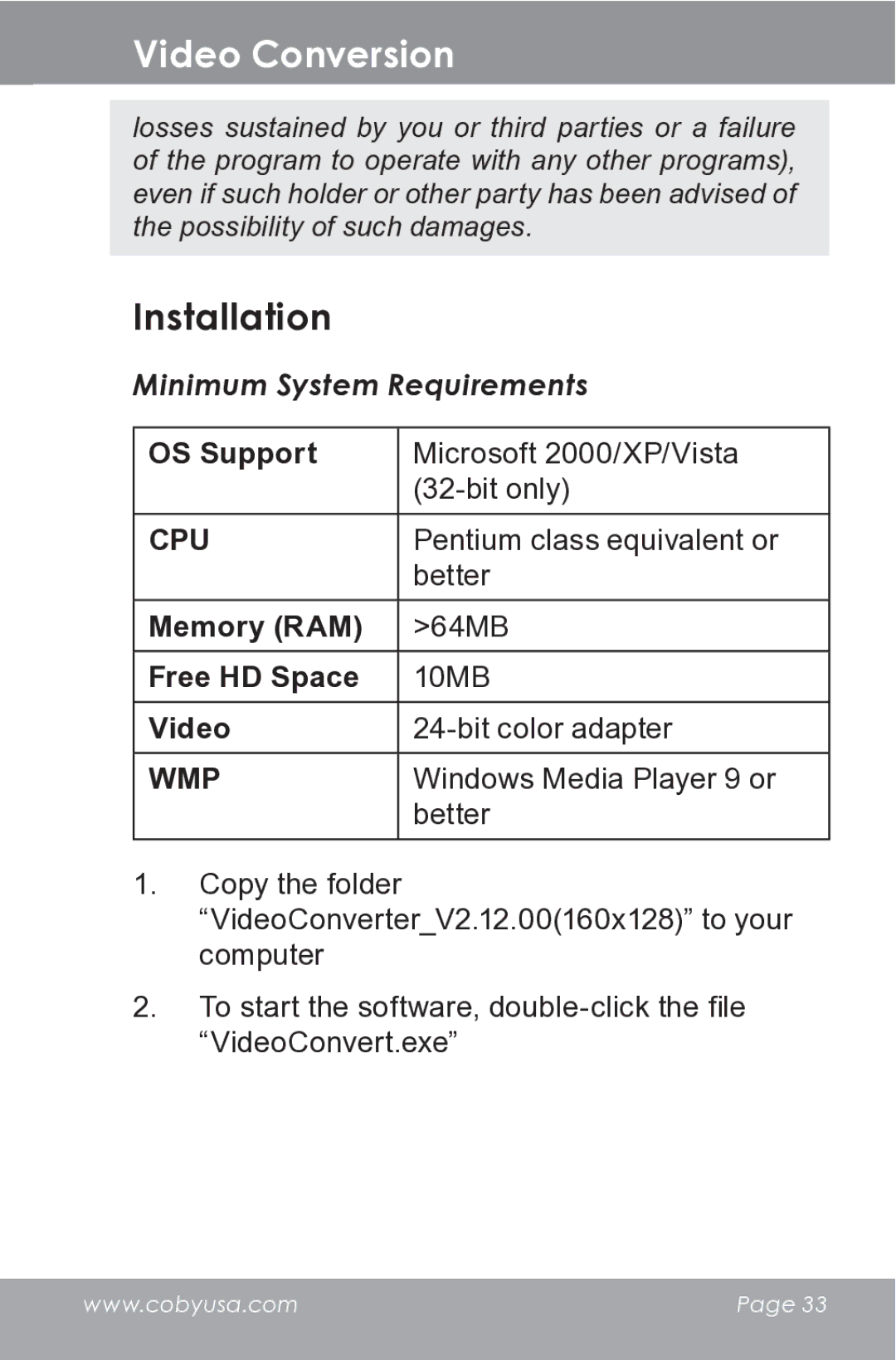 COBY electronic MP610-1G instruction manual Installation, Minimum System Requirements 