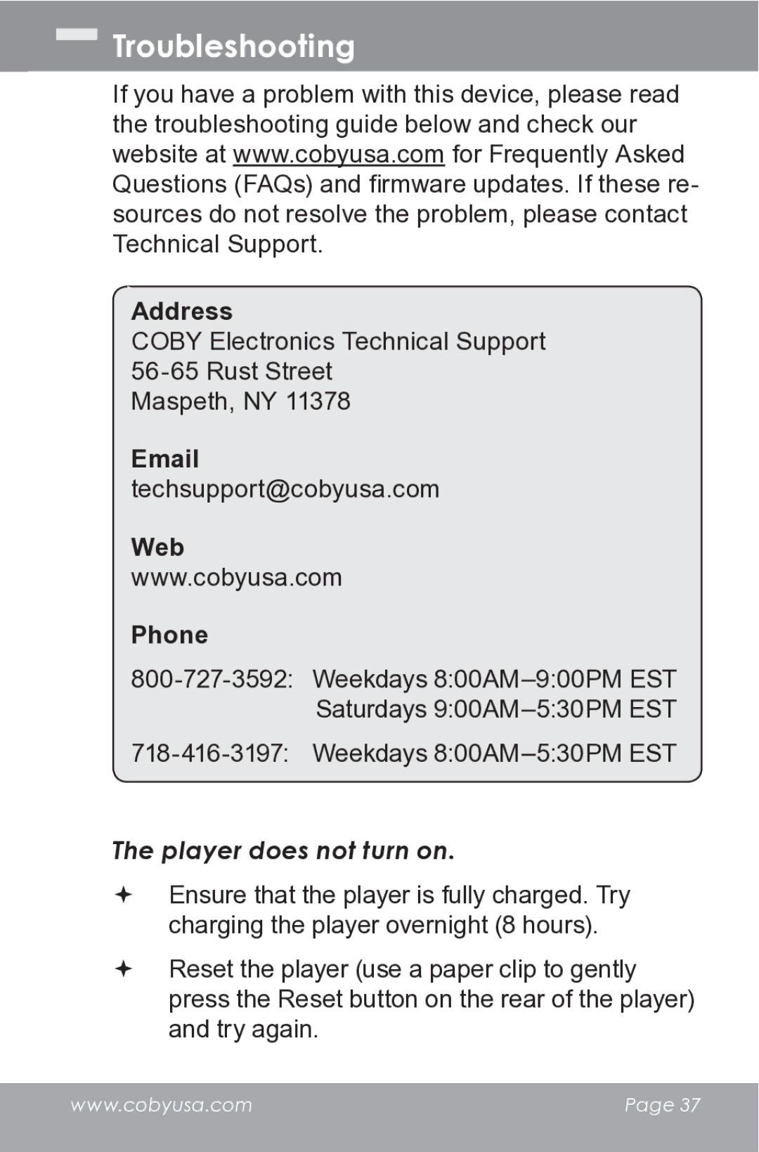 COBY electronic MP610-1G instruction manual Troubleshooting, Player does not turn on 