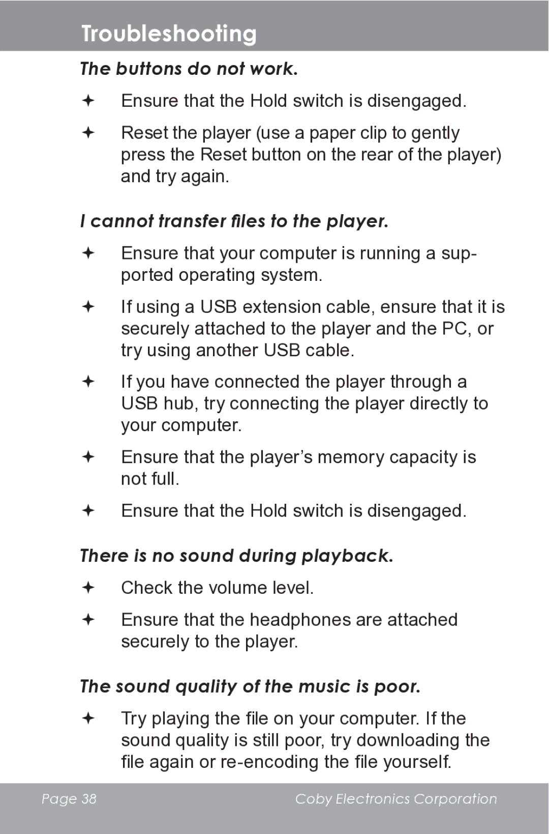 COBY electronic MP610-1G Buttons do not work, Cannot transfer files to the player, There is no sound during playback 