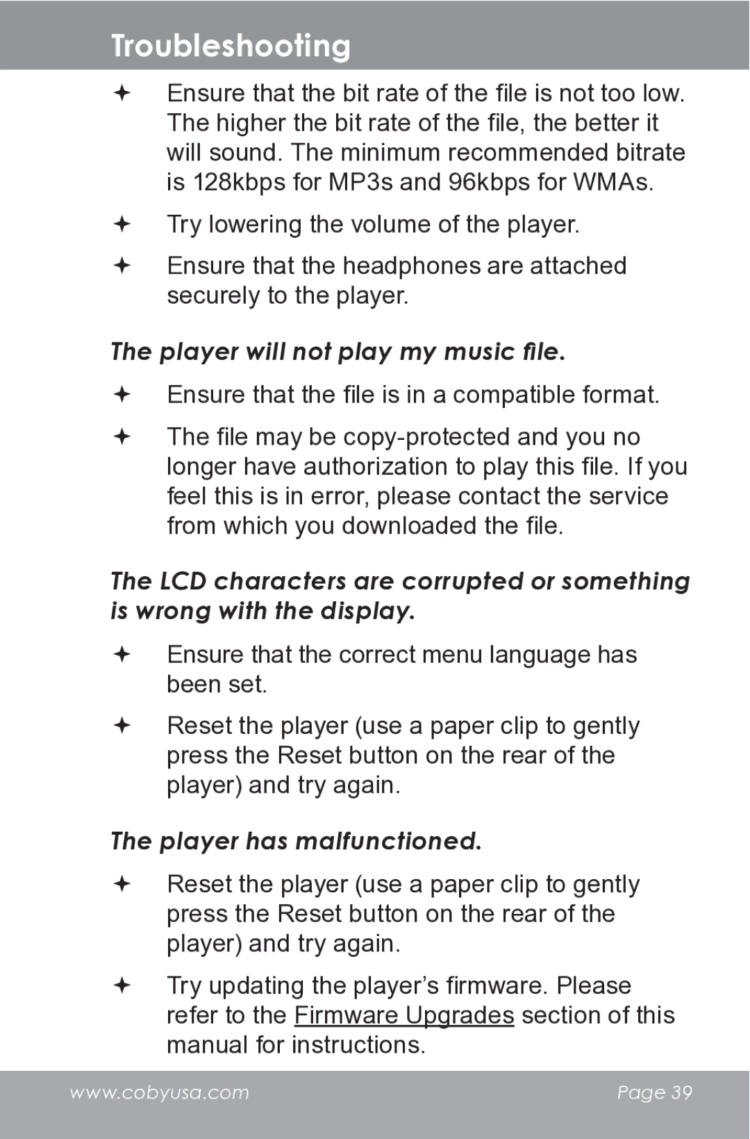 COBY electronic MP610-1G instruction manual Player will not play my music file, Player has malfunctioned 