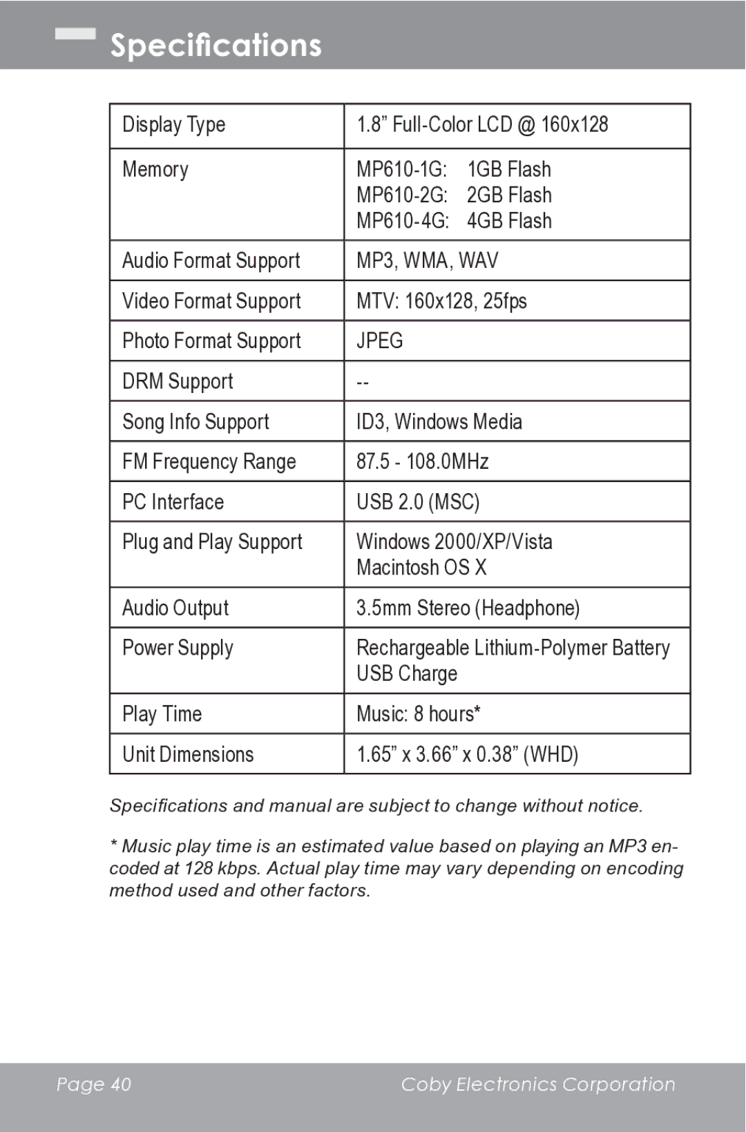 COBY electronic MP610-1G instruction manual Specifications, Jpeg 