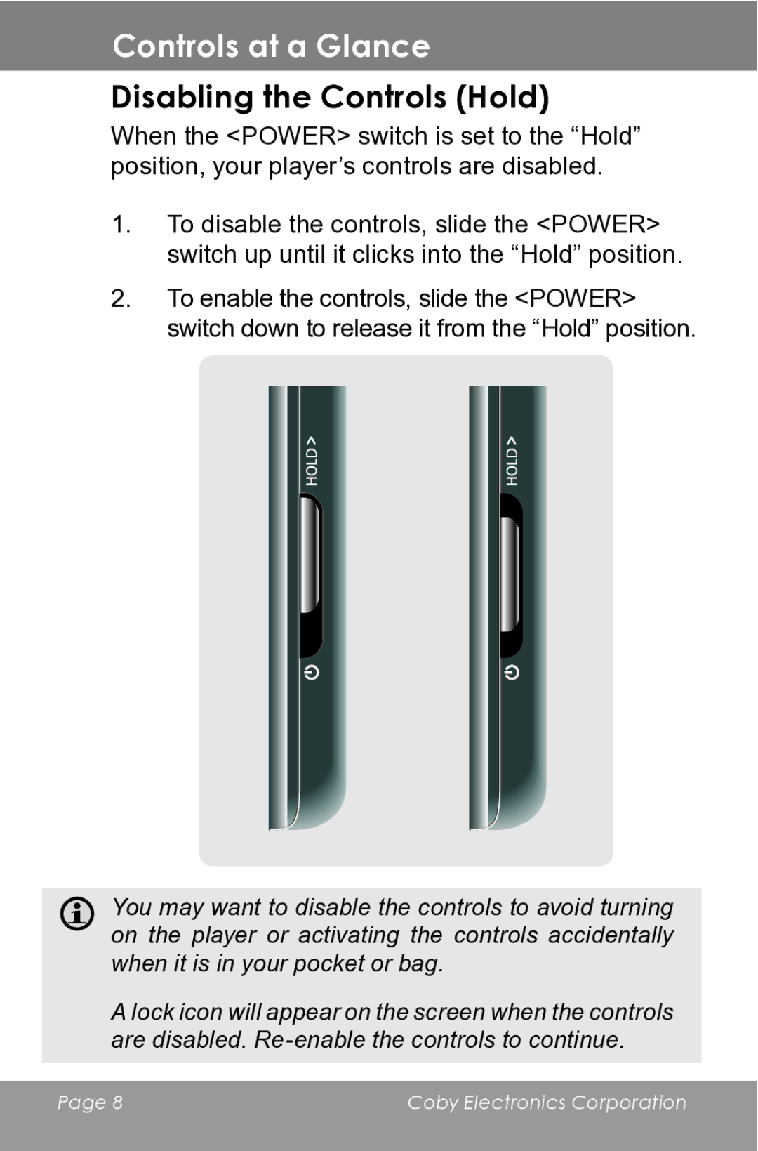 COBY electronic MP610-1G instruction manual Disabling the Controls Hold 