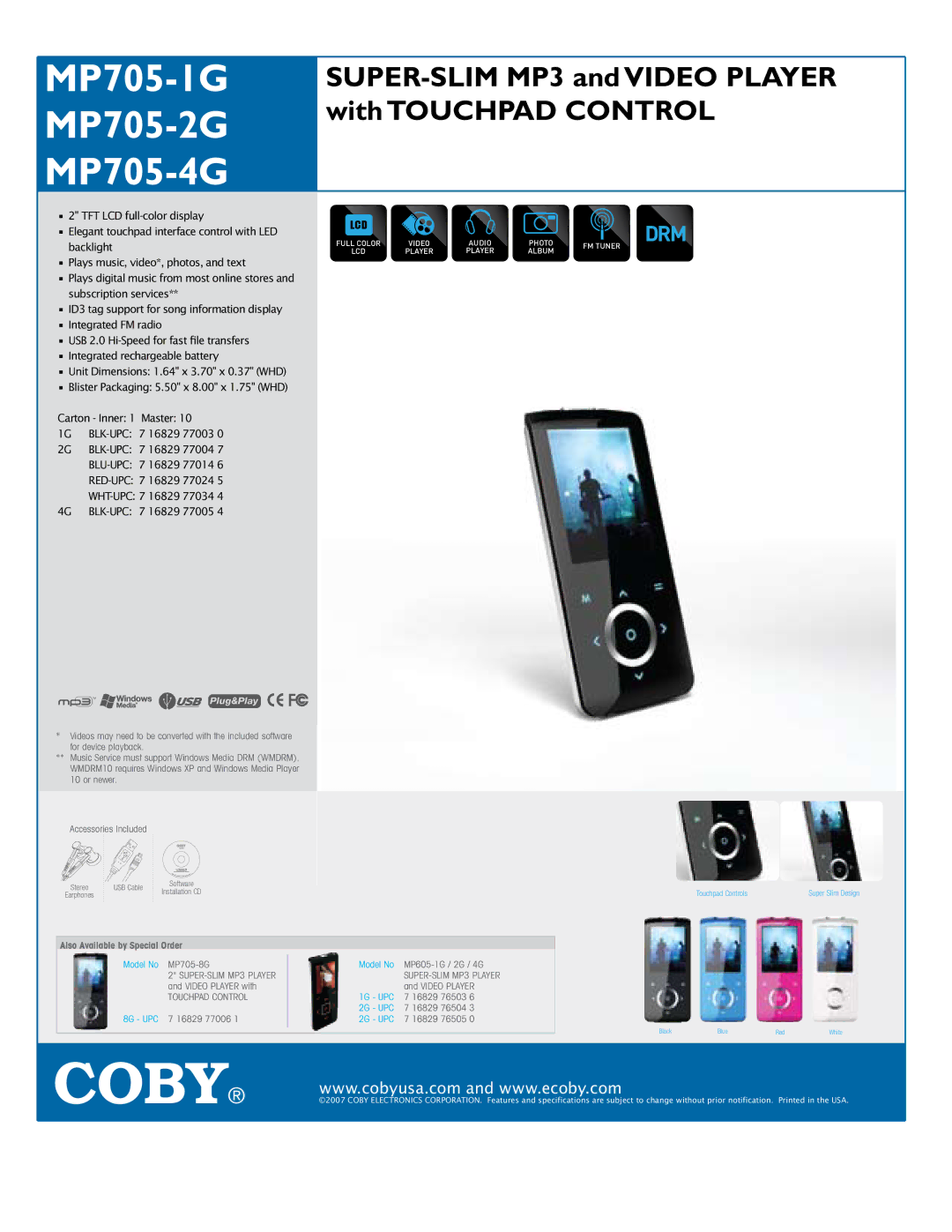COBY electronic mp705-2G specifications MP705-1G MP705-2G MP705-4G, Super-Slim MP3 and Video Player with Touchpad Control 