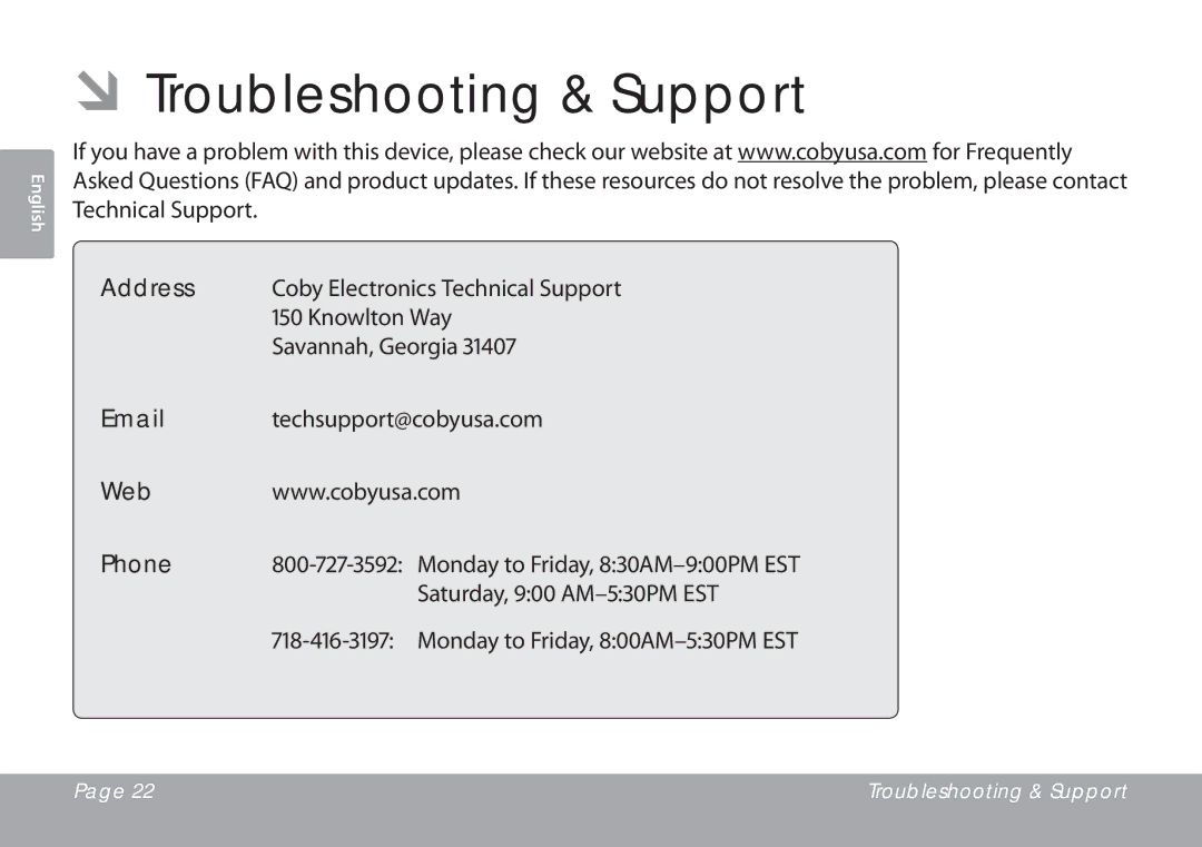 COBY electronic MP768, MP757, MP767 quick start ÂÂTroubleshooting & Support, Address, Web Phone 