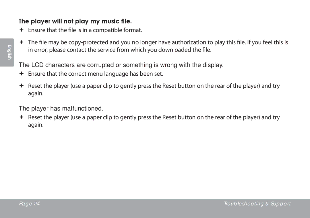 COBY electronic MP757, MP768, MP767 quick start Player will not play my music file, Player has malfunctioned 